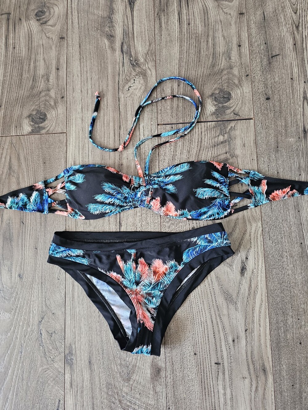 Women's Black Tropical Print Bikini Set - Blue & Coral